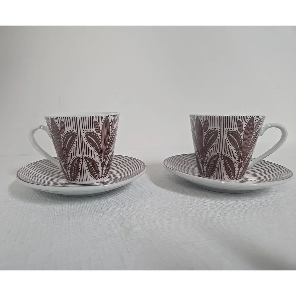 English Home Tulipe Burgundy Espresso Cups Saucers Set‎ of 2 Turkish Coffee